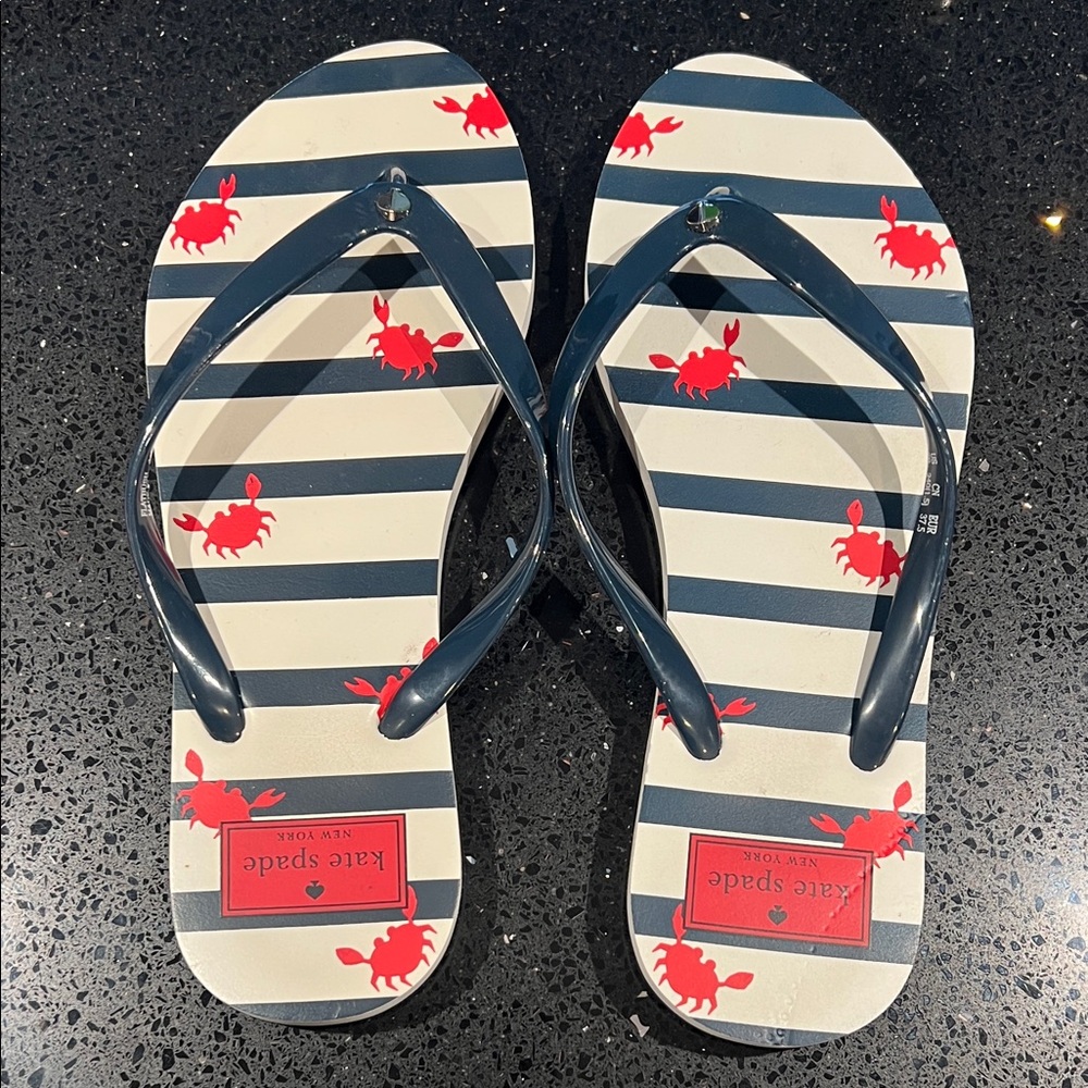 kate spade Navy & White Striped Flip Flops with Red Crab Motif, size 7